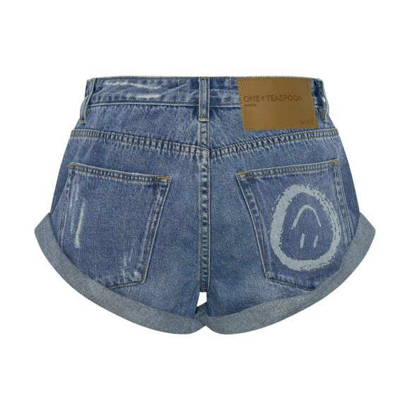 One Teaspoon Bandits Low Waist Cheeky Denim Shorts Pacifica Blue Smile Size 23 - Picture 3 of 12